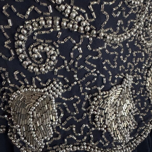 Vintage Oleg Cassini Navy 100% Silk Silver Pearl Beaded Party Dress | Sz 8 - Picture 12 of 14